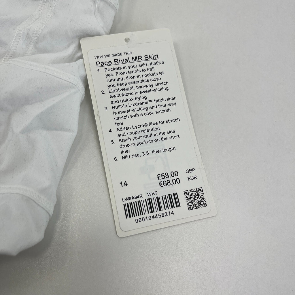 Lululemon Pace Rival MR Skirt Skort White Internal Shorts size US 14 UK 18 BNWT