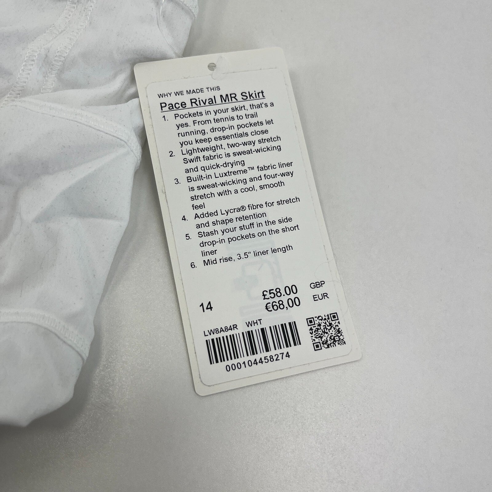 Lululemon Pace Rival MR Skirt Skort White Internal Shorts size US 14 UK 18 BNWT