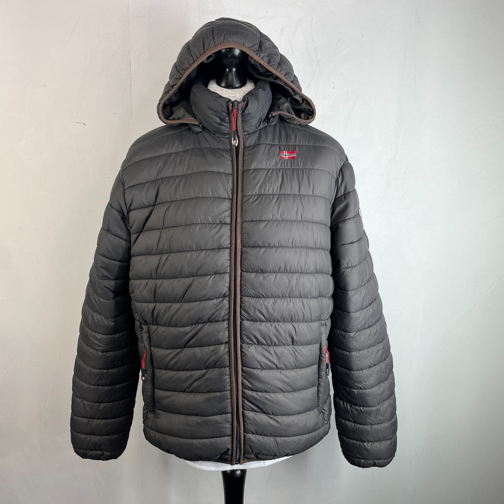 Geographical Norway Amigo Men’s Puffer Jacket XL Dark Grey Hooded Quilted Coat