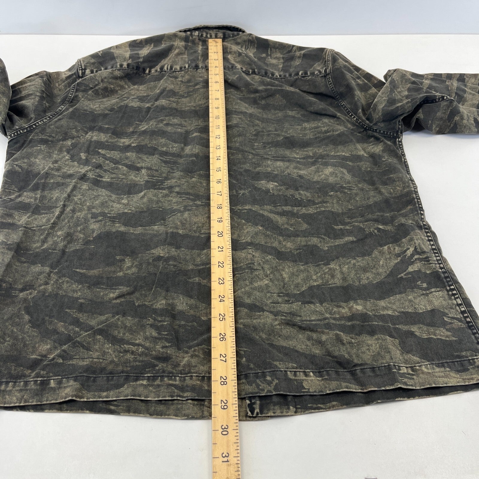 AllSaints Denim Jacket Men's size XL Relaxed Fit Distressed Tiger Camo