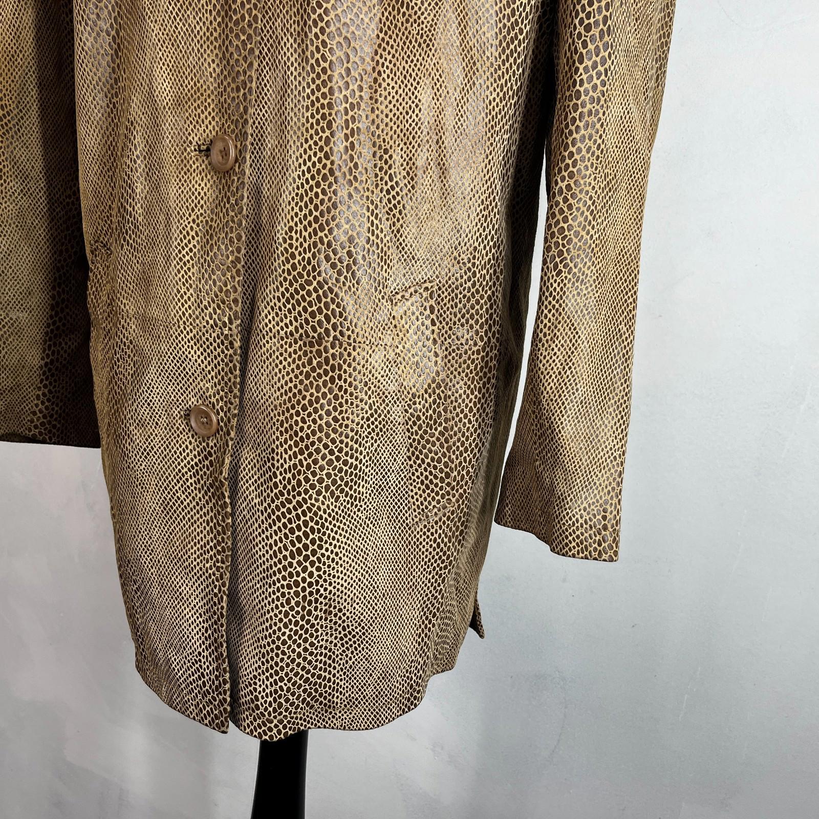 Beth Terrell Long Leather Coat Jacket Tan Brown Snake Lizard Pattern size Medium