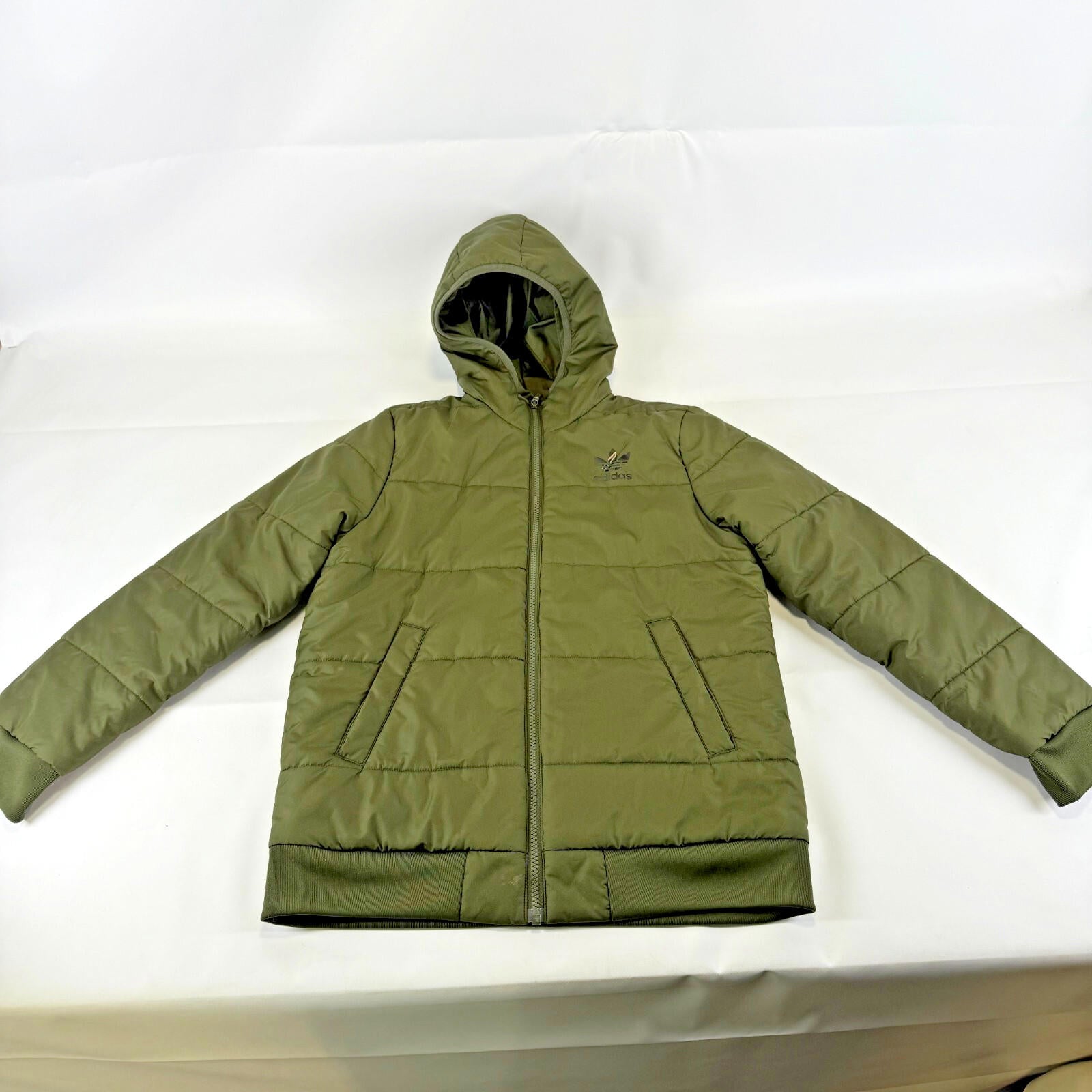 Adidas Puffer Jacket Kids 11-12 Years Olive Green Insulated Lining Hooded