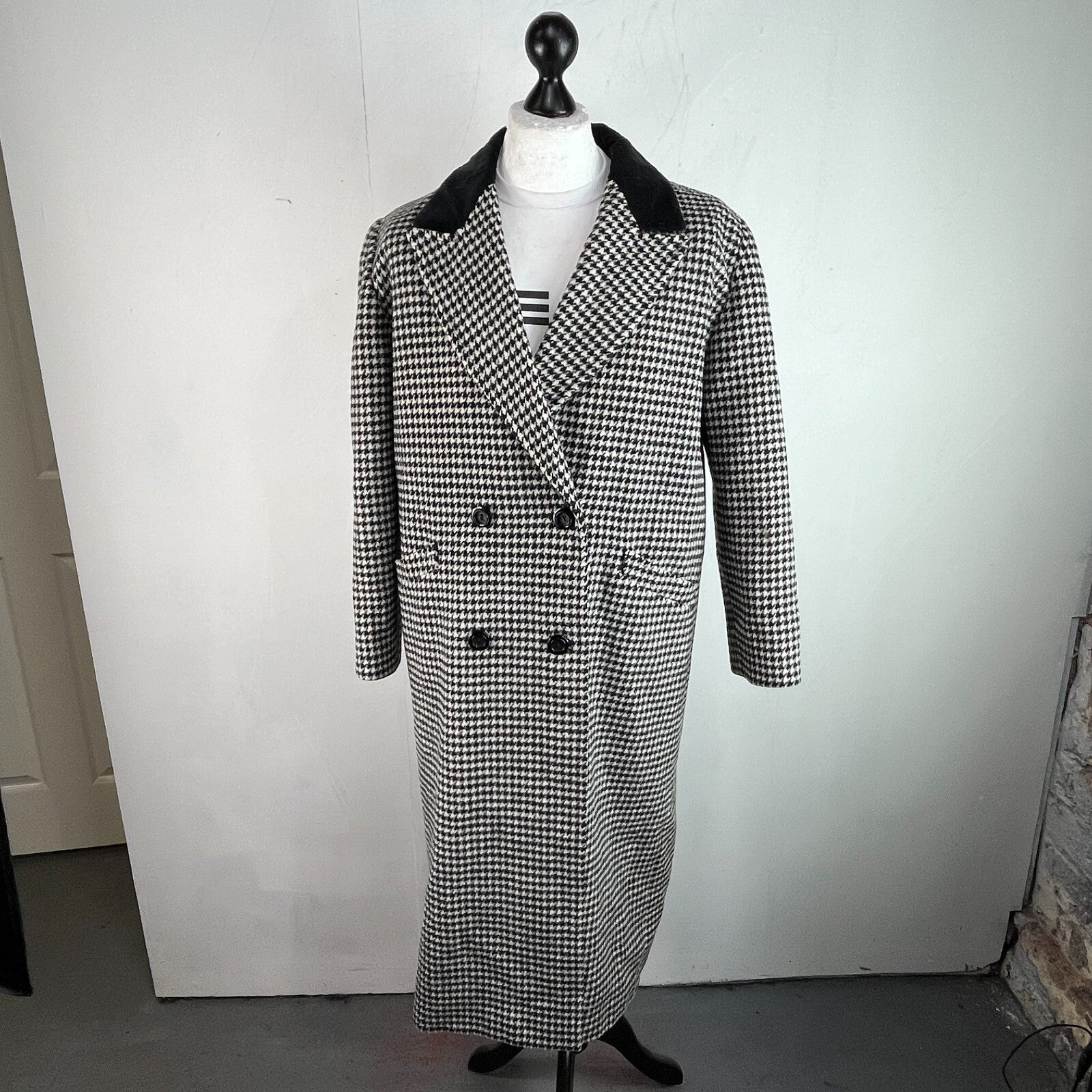 Vtg Kashmoor of London Wool Blend Long Overcoat UK 16 Black/White Houndstooth