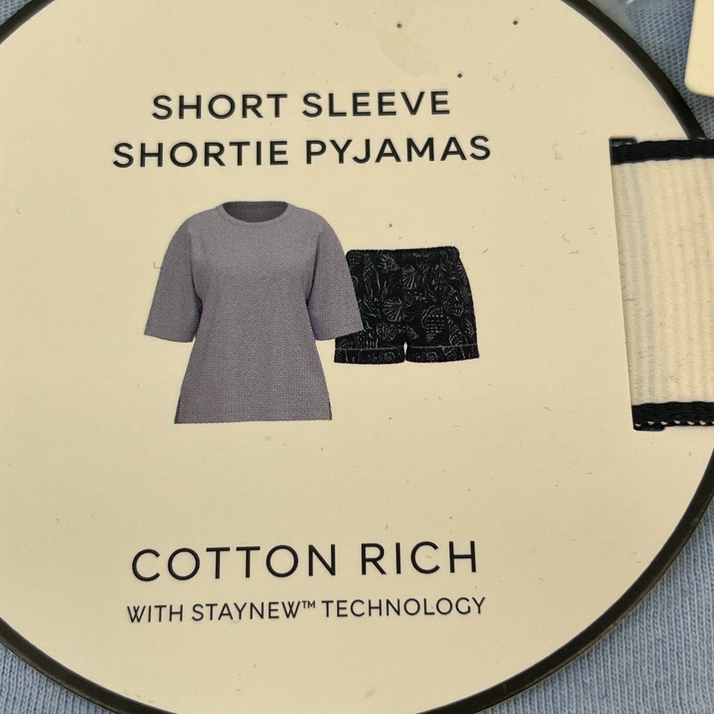 M&S Ladies Pyjama Set UK size 8 Pale Blue & Navy Short Leg Short Sleeve - New