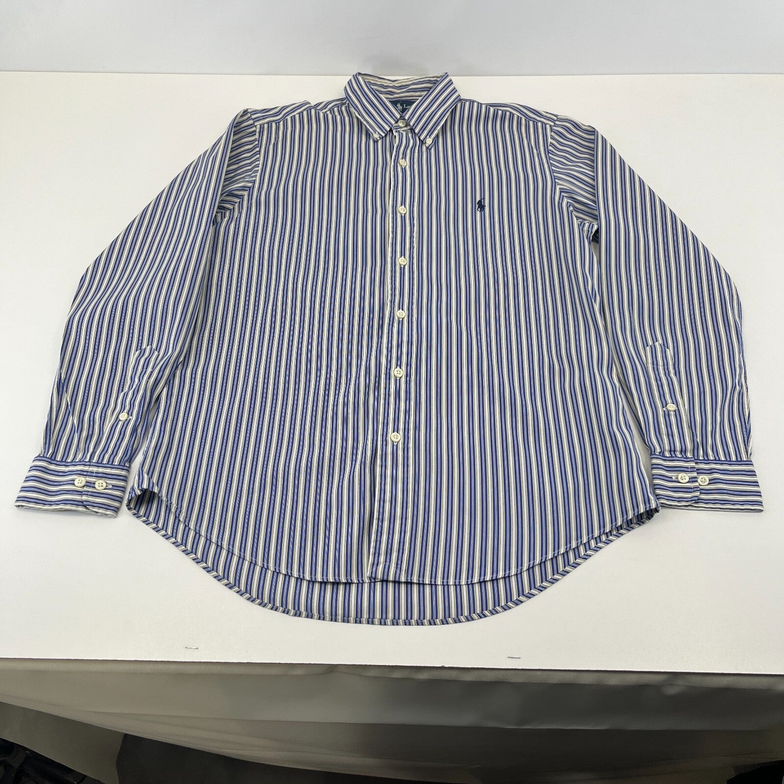 Ralph Lauren Shirt Mens 15 1/2 M Blue Pinstriped Cotton Button Up RL Pony