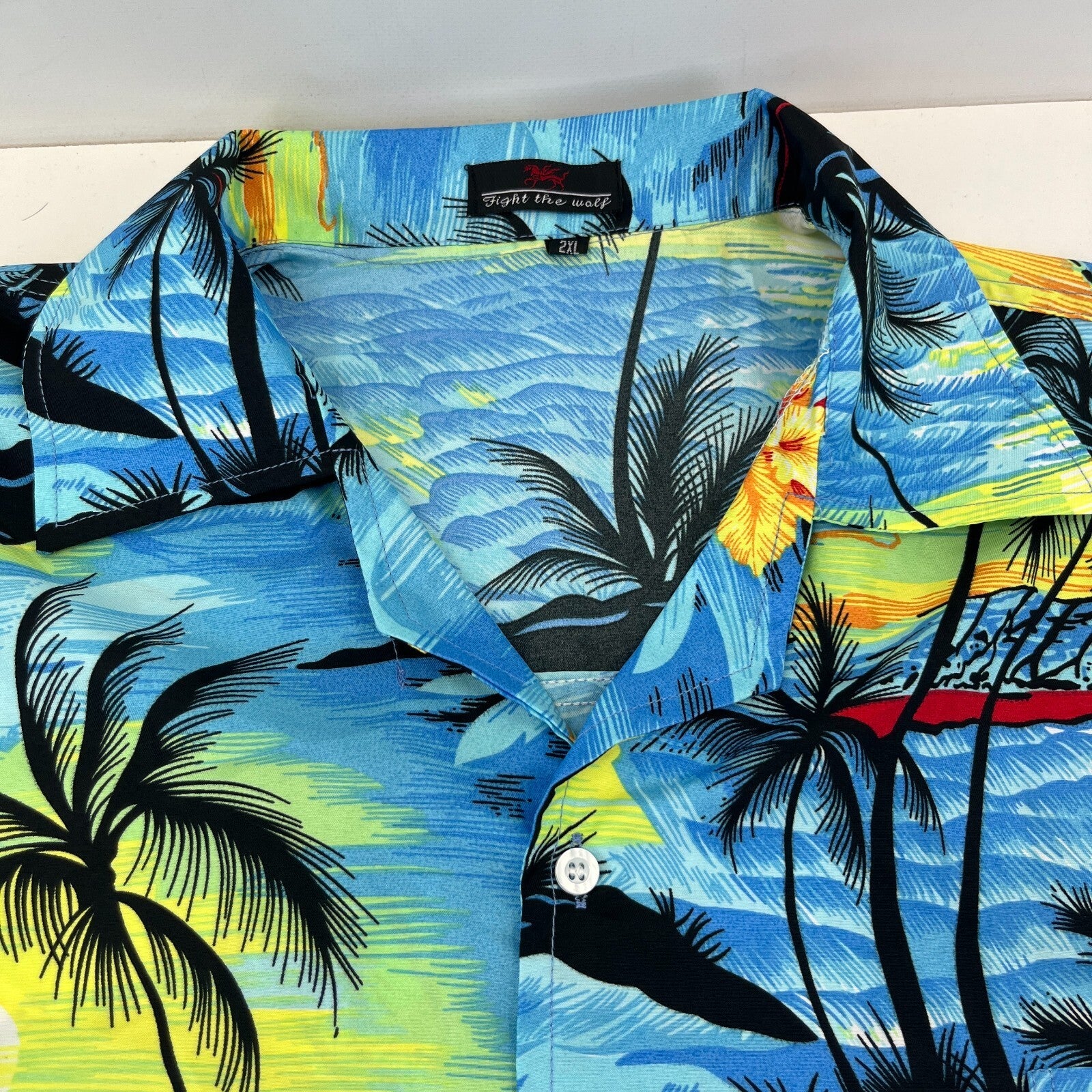 Fight the Wolf Mens Blue Hawaiian Shirt Design Short Sleeve Holiday size 2XL
