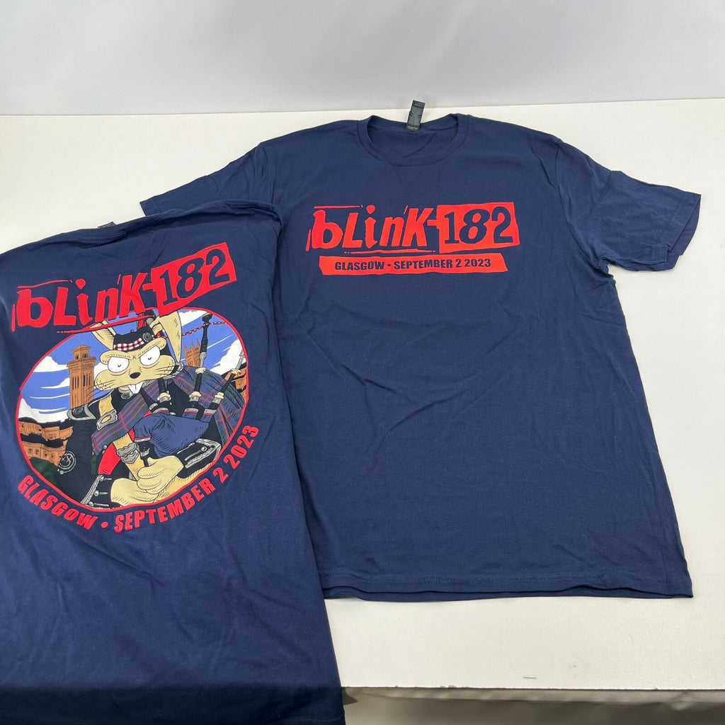 Blink 182 T Shirt Glasgow 2023 Tour Navy Blue & Red size Large Rabbit Print
