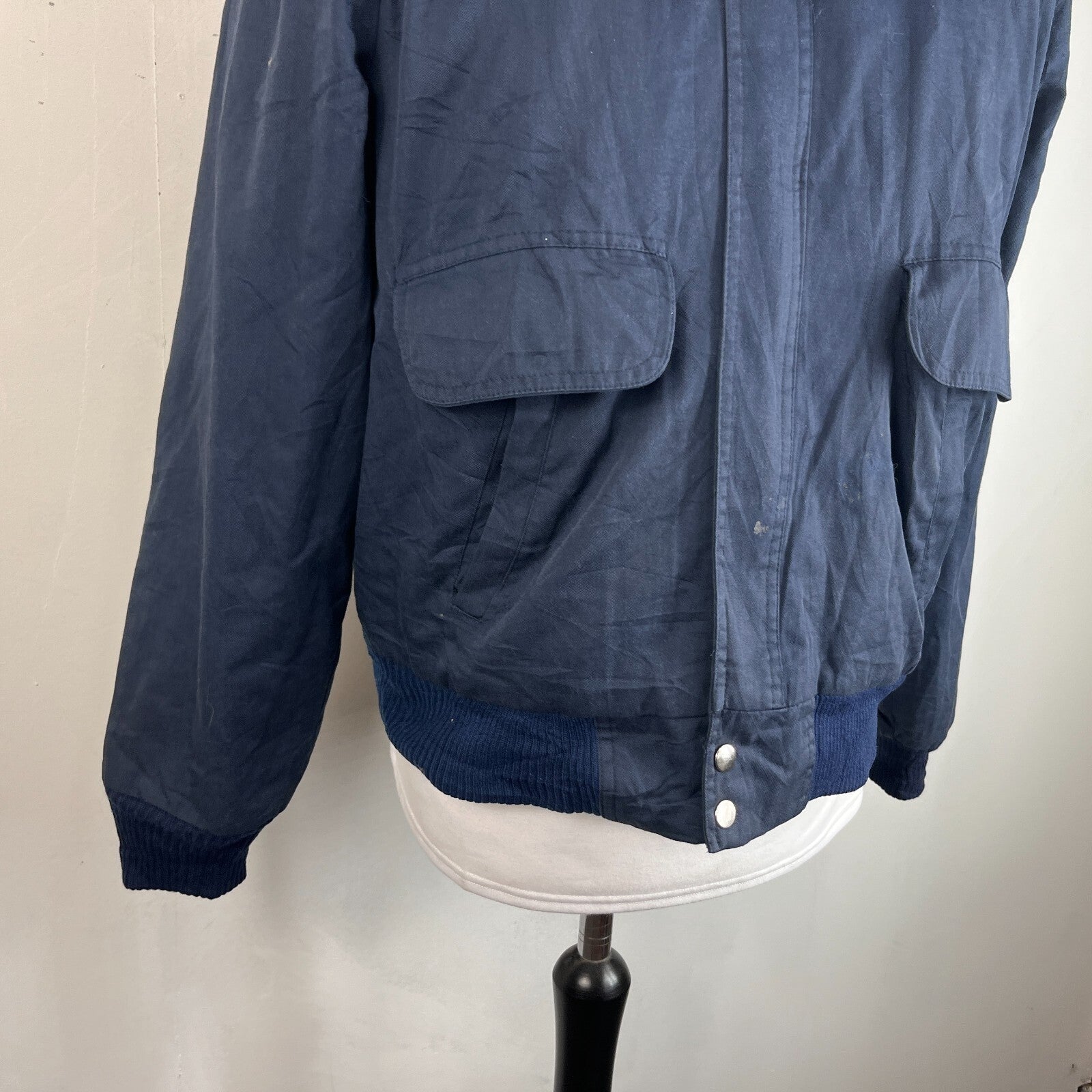French Military Fleece Lined Bomber Jacket size M Navy Blue Workwear Canvas