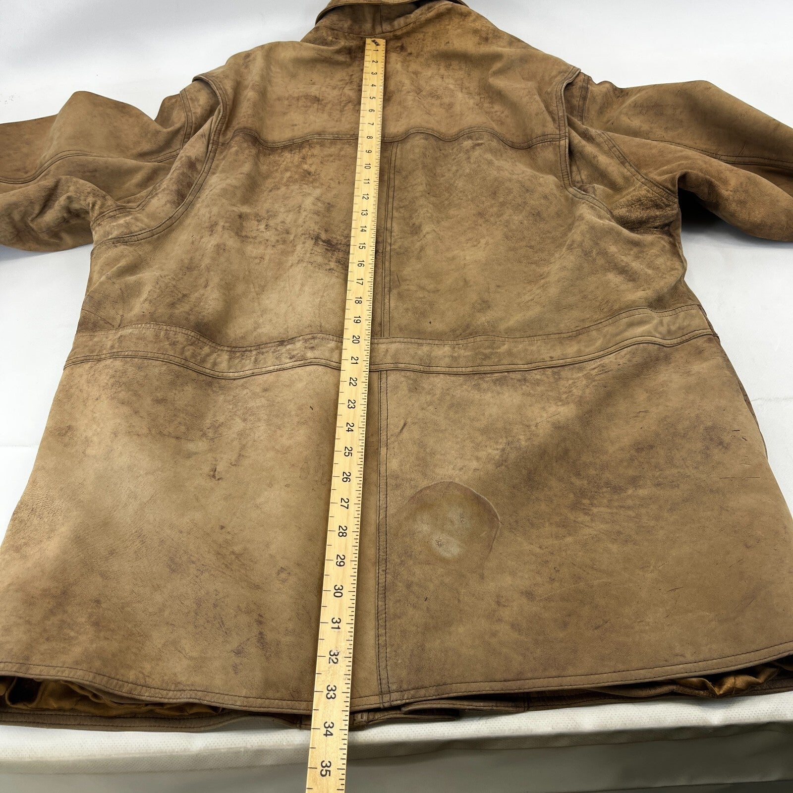 Lakeland Men’s Leather Jacket Long Distressed Look Tan Brown UK size 46