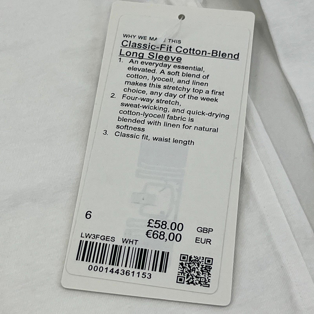 Lululemon Classic Fit Long Sleeve Cotton Blend Top T-Shirt White size UK 10 US 6