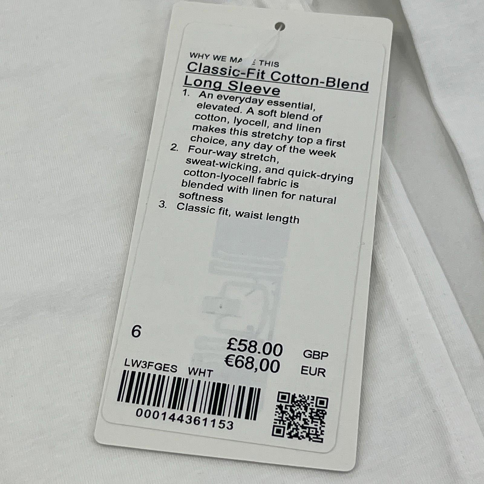 Lululemon Classic Fit Long Sleeve Cotton Blend Top T-Shirt White size UK 10 US 6