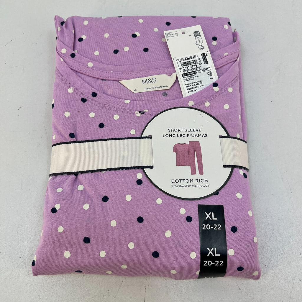 M&S Ladies Pyjama Set UK XL 20-22 Cool Pink with Spots Long Leg Short Sleeve New