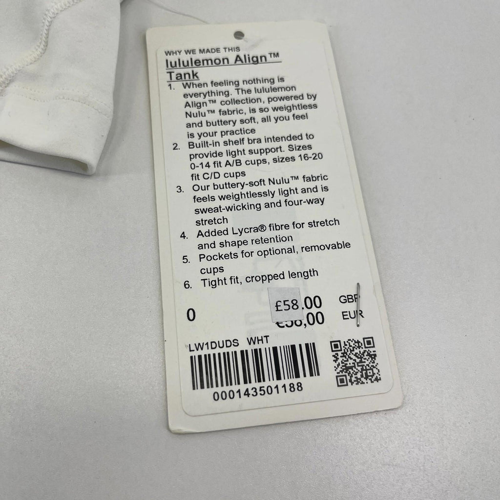 Lululemon Align Tank Top in White Ladies size UK 4 US 0 - See Details