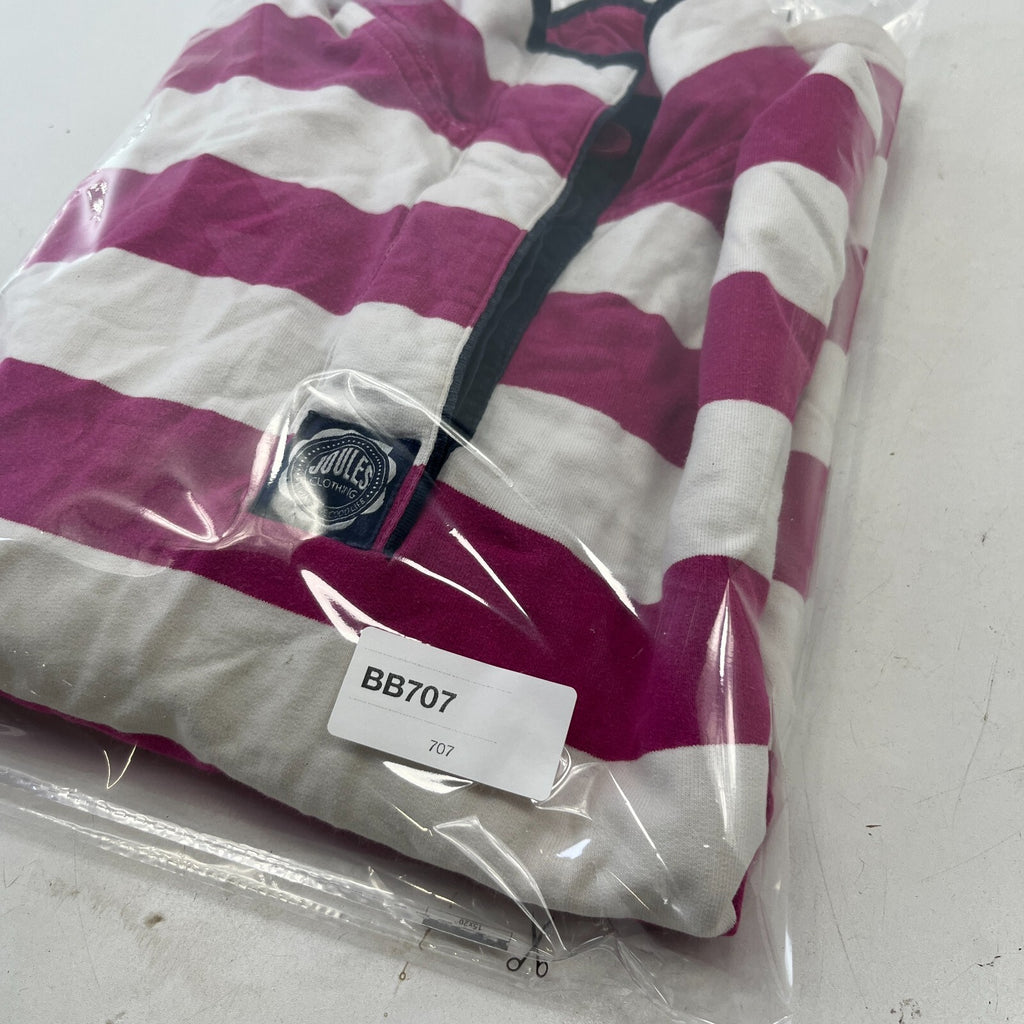 Joules White & Pink Striped Rugby Polo Shirt Distressed Long Sleeve Womens UK 12