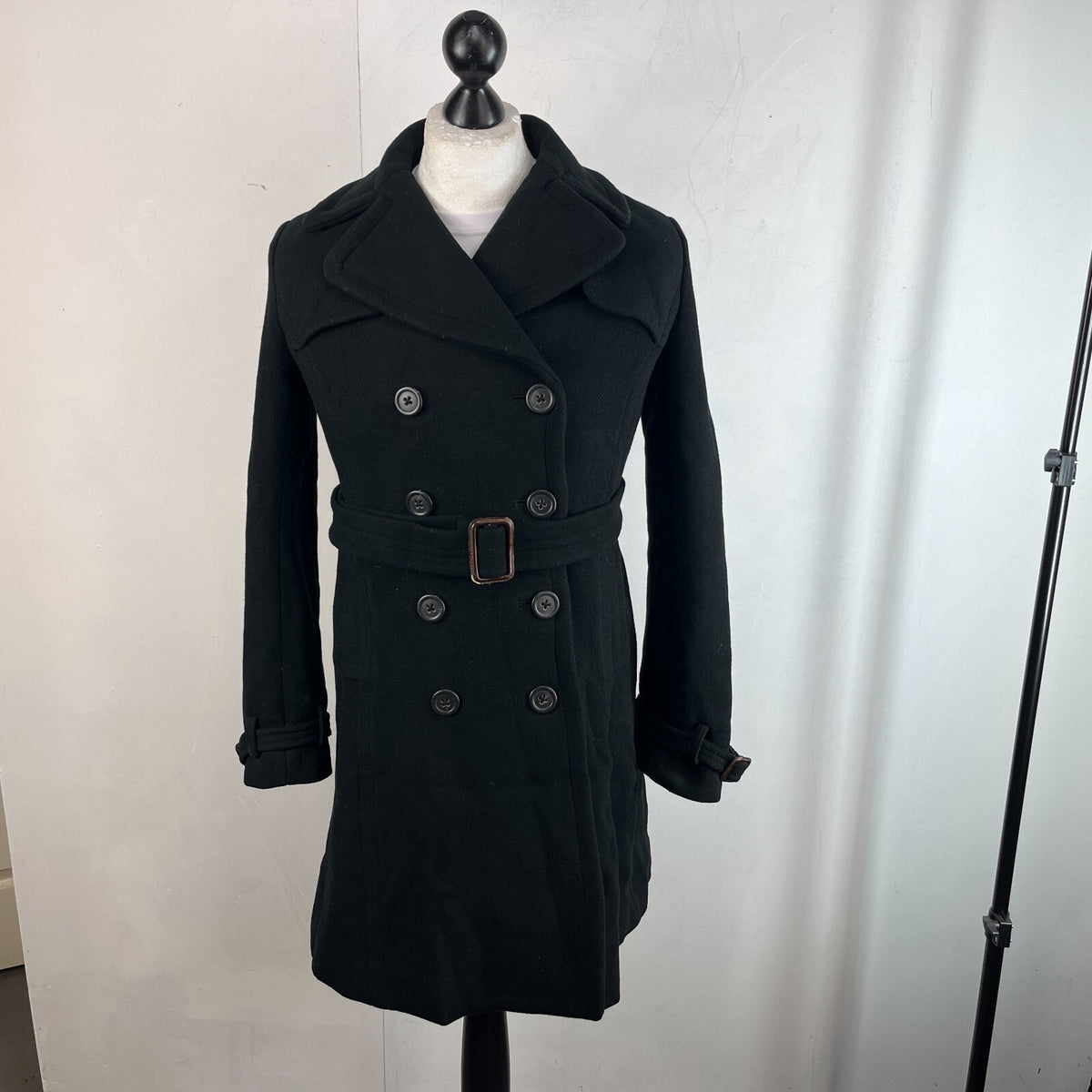 J. Crew Italian Wool Black Pea Coat Jacket Double Breasted + Belt Women’s UK 8