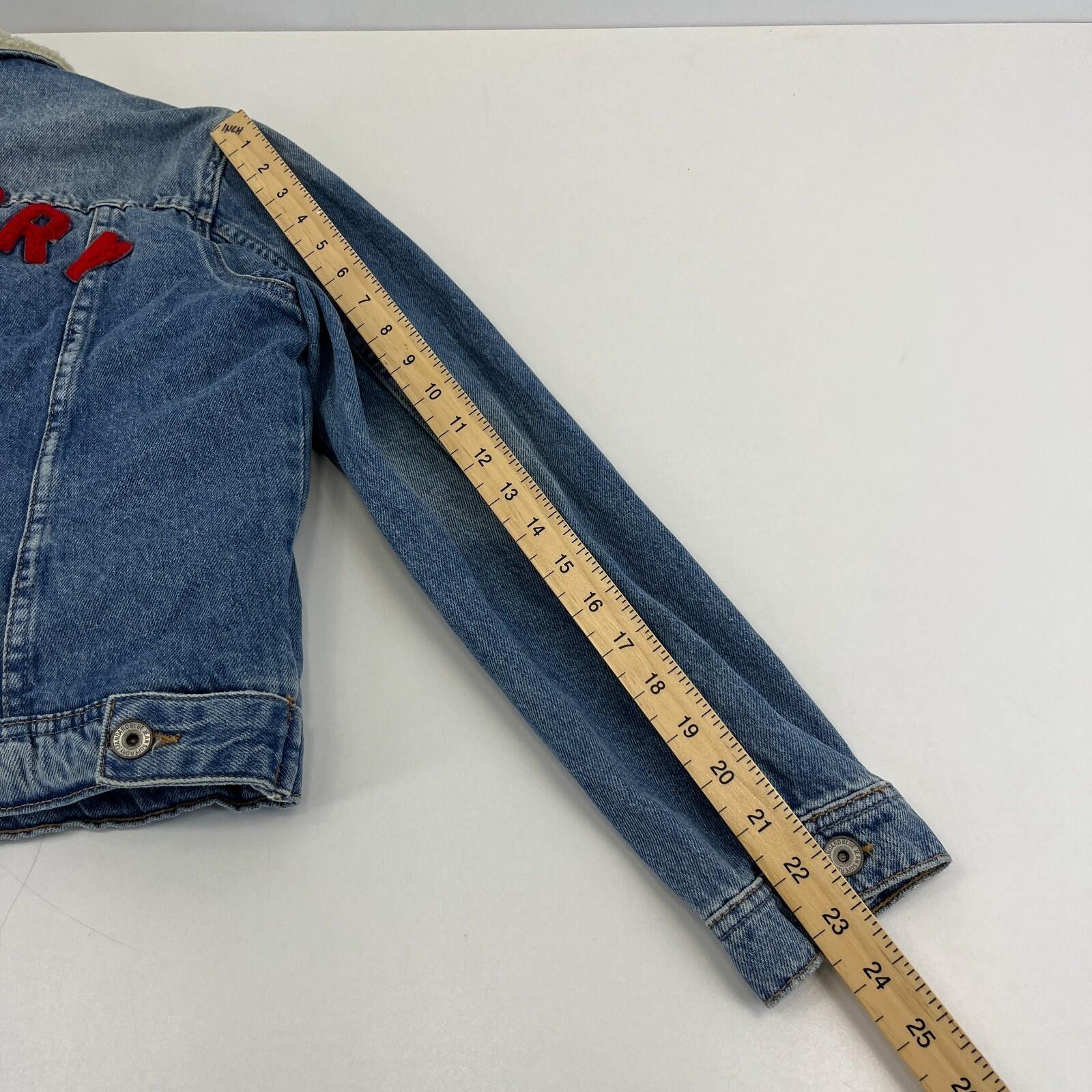 Superdry Denim Jacket Womens M Blue Sherpa Faux Fur Lining Patches Biker
