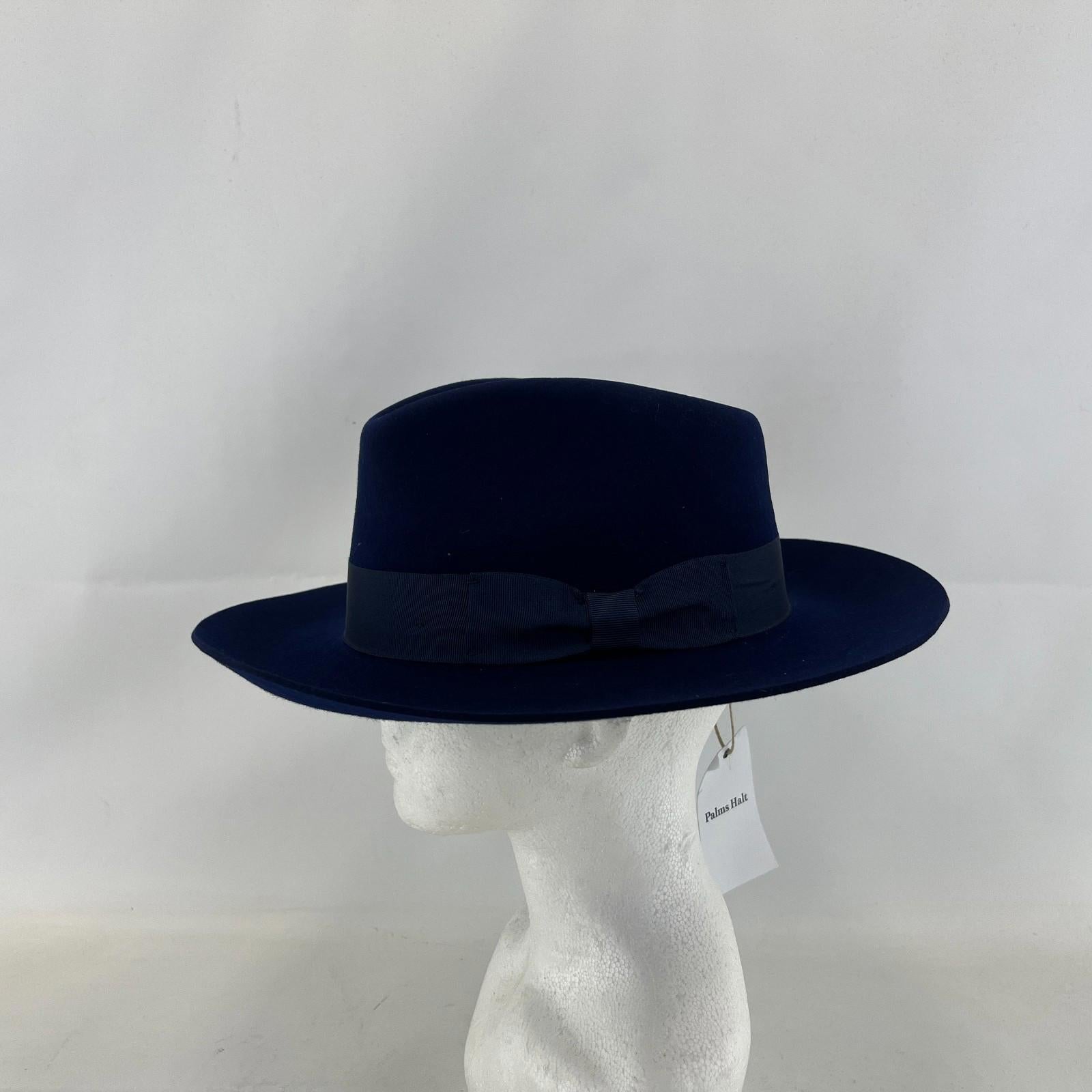 Palms Halt 100% Wool Handmade Textured Fedora Hat in Navy Blue size L 59