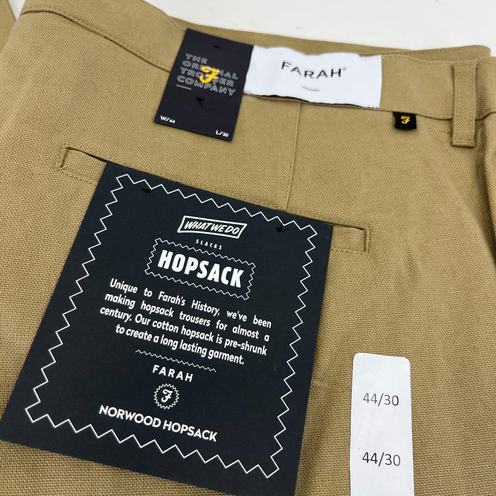 Farah Norwood Hopsack 100% Cotton Trousers Regular Fit W44" L30" Khaki Beige