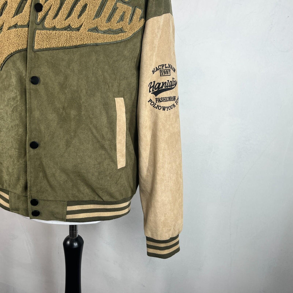 Women's Flock Varsity Jacket 80s College Style Green & Beige size XL