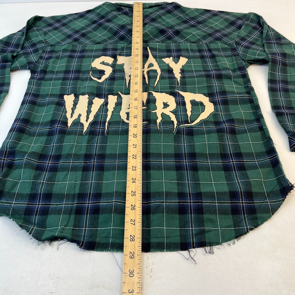 Disney Lilo & Stitch Mens "Stay Weird" Button Up Shirt Check Green Frayed Hem M