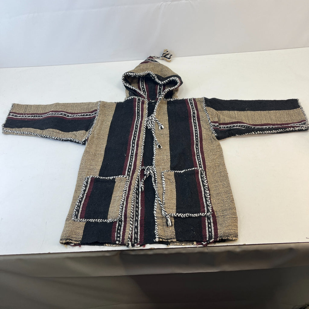 Mexican Baja Tie Front Hoodie Childrens size Large Black/Beige Striped Hooded