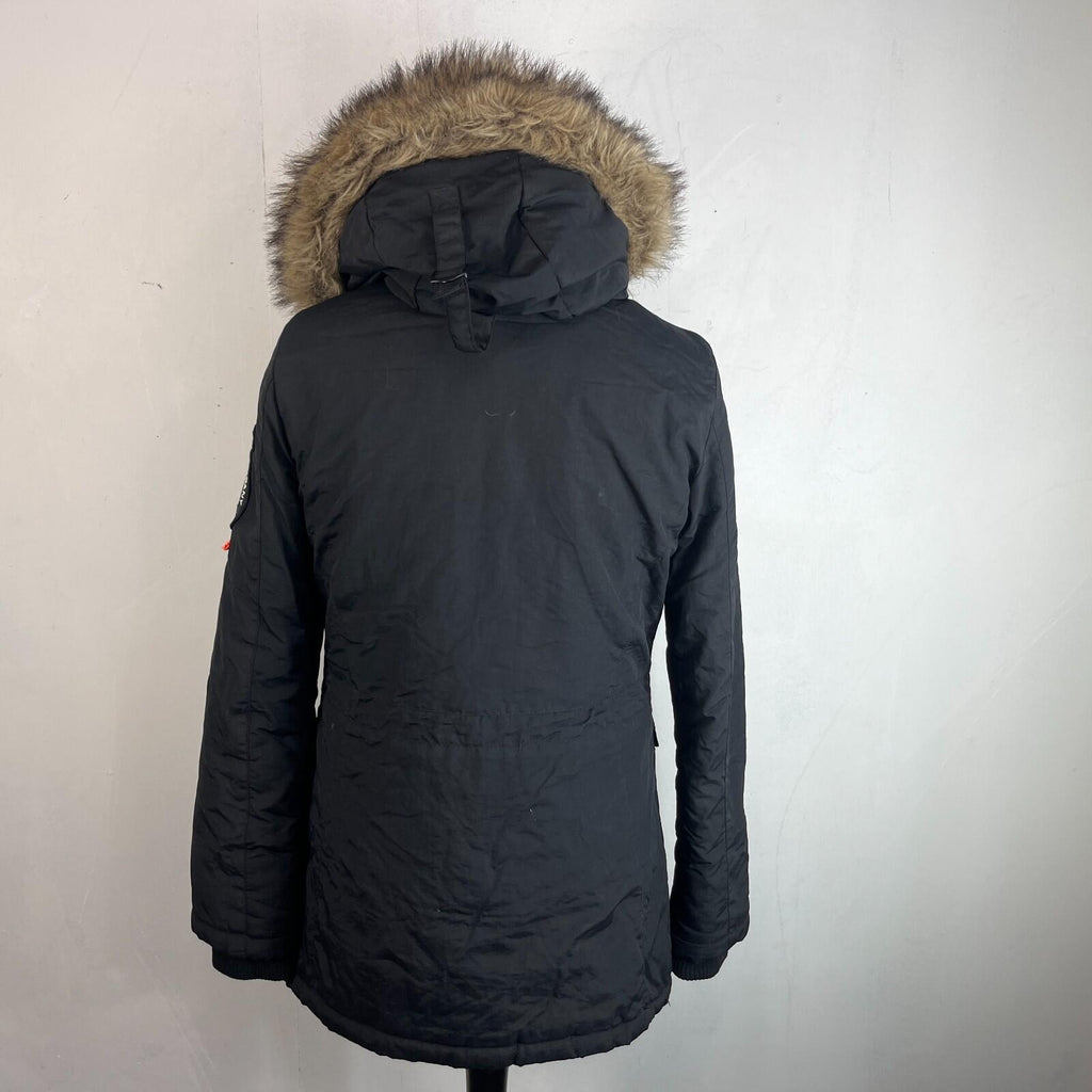 Superdry Everest Mountain Parka in Black with Fur Fringe Hood UK Women's size 12
