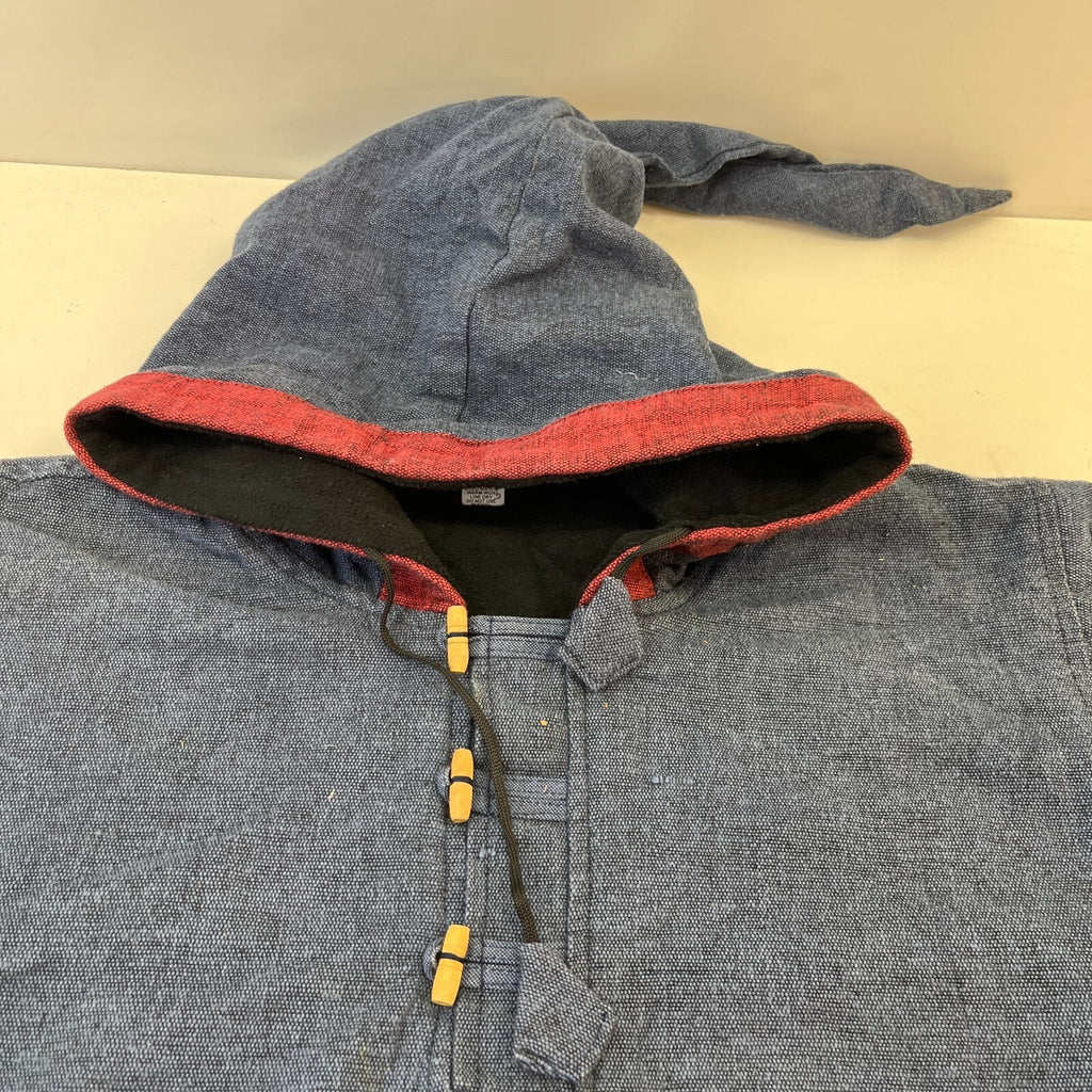 Traditional Nepalese Y2K Cotton Knit Retro Blue Pullover Hooded Jumper size L