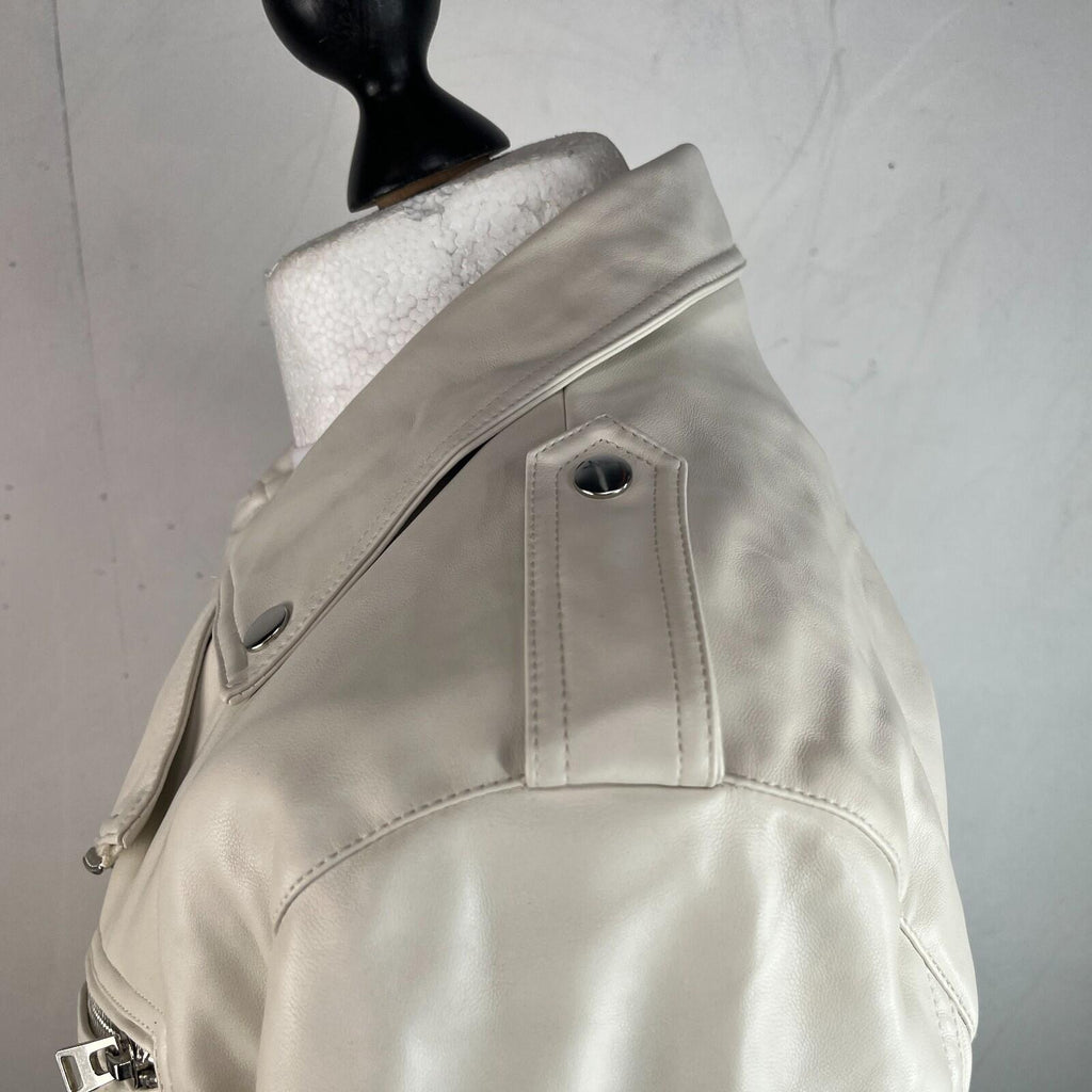 Topshop Zipped Faux Leather Cropped Biker Jacket Ivory White UK Women's size 10