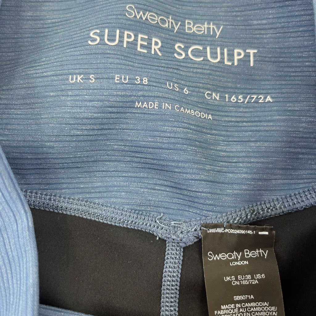 Sweaty Betty Super Sculpt Full Yoga Leggings Blue Micro Cord Print + Pocket UK S