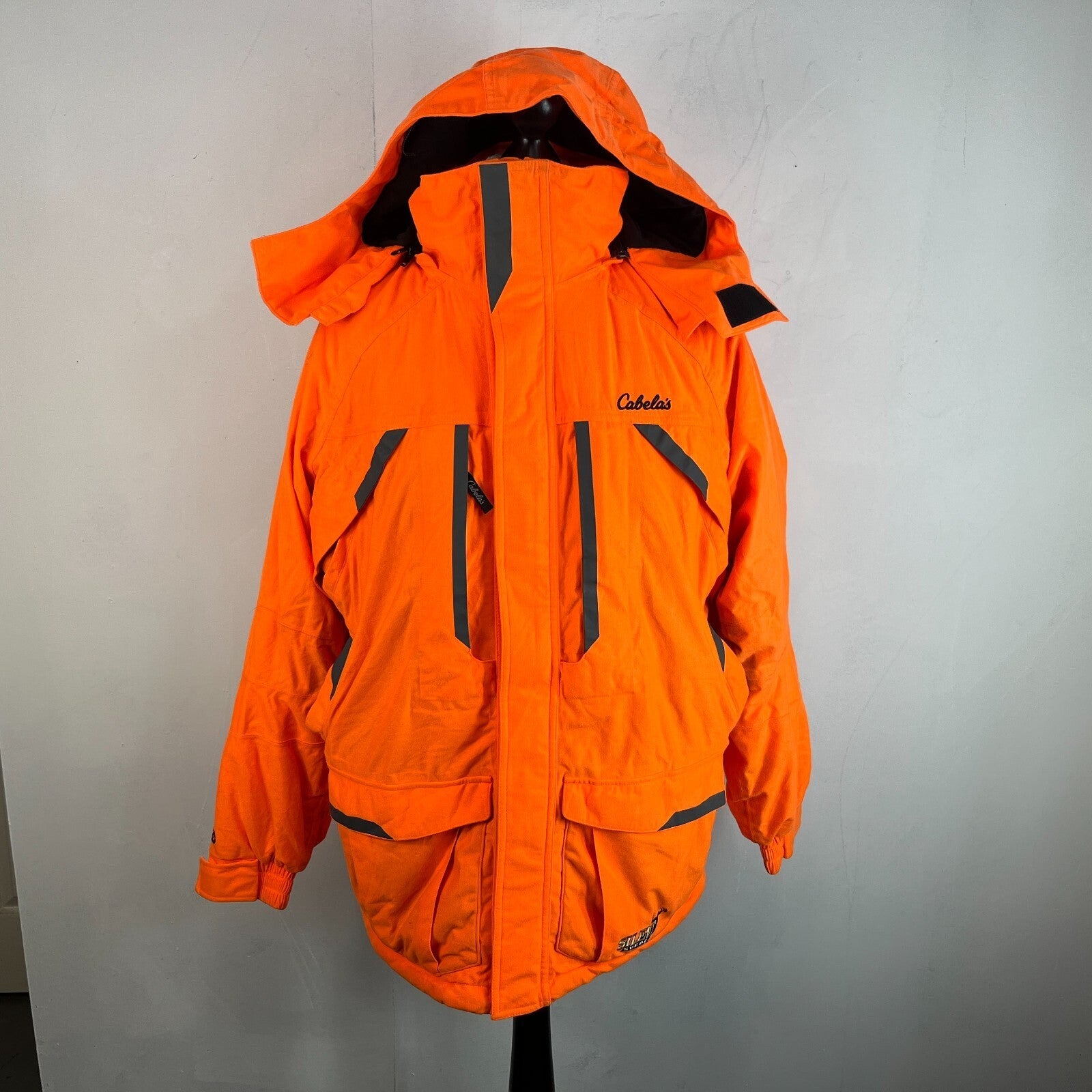 Cabelas Fluorescent Orange Softshell Chore Coat Warm Jacket with Hood size Large