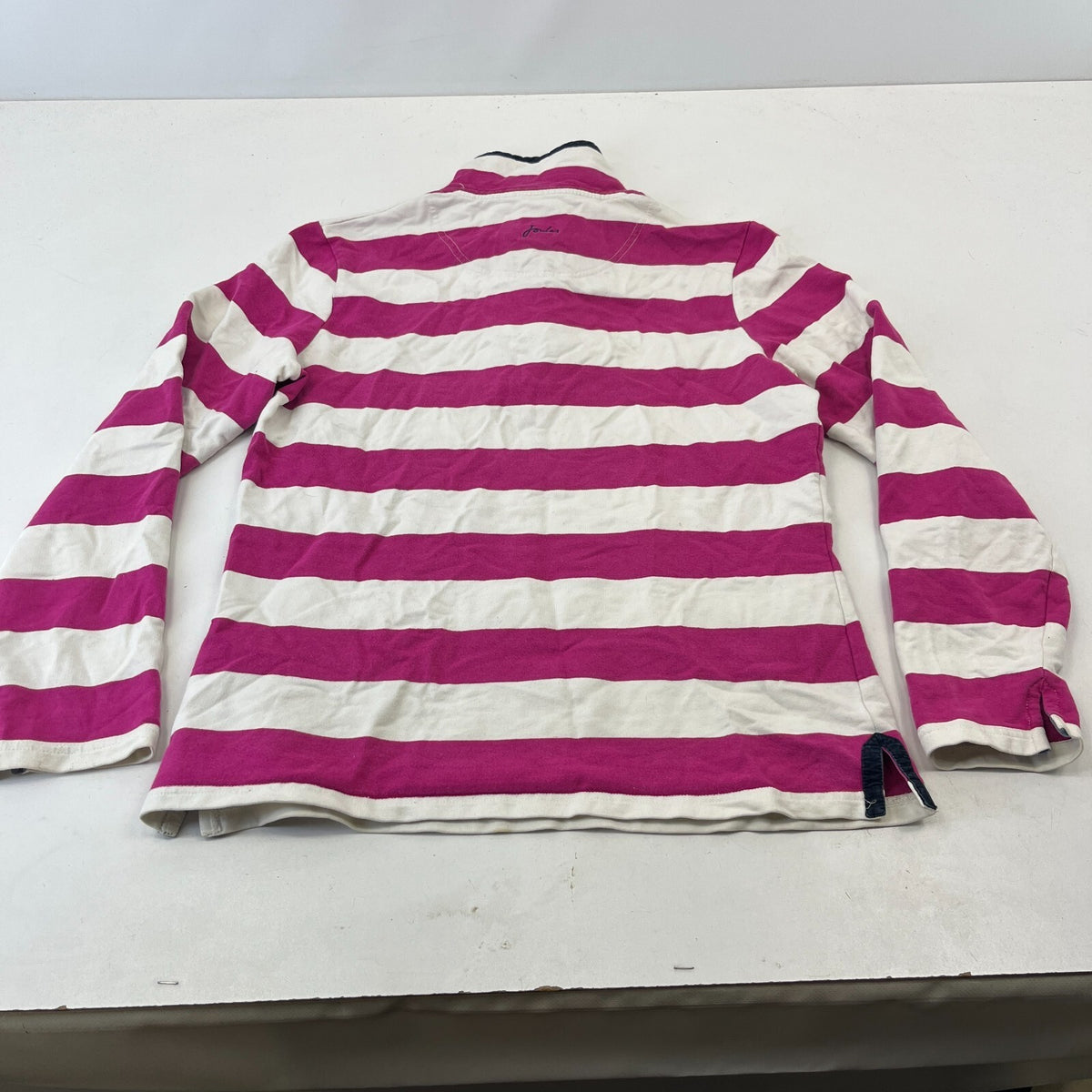 Joules White & Pink Striped Rugby Polo Shirt Distressed Long Sleeve Womens UK 12