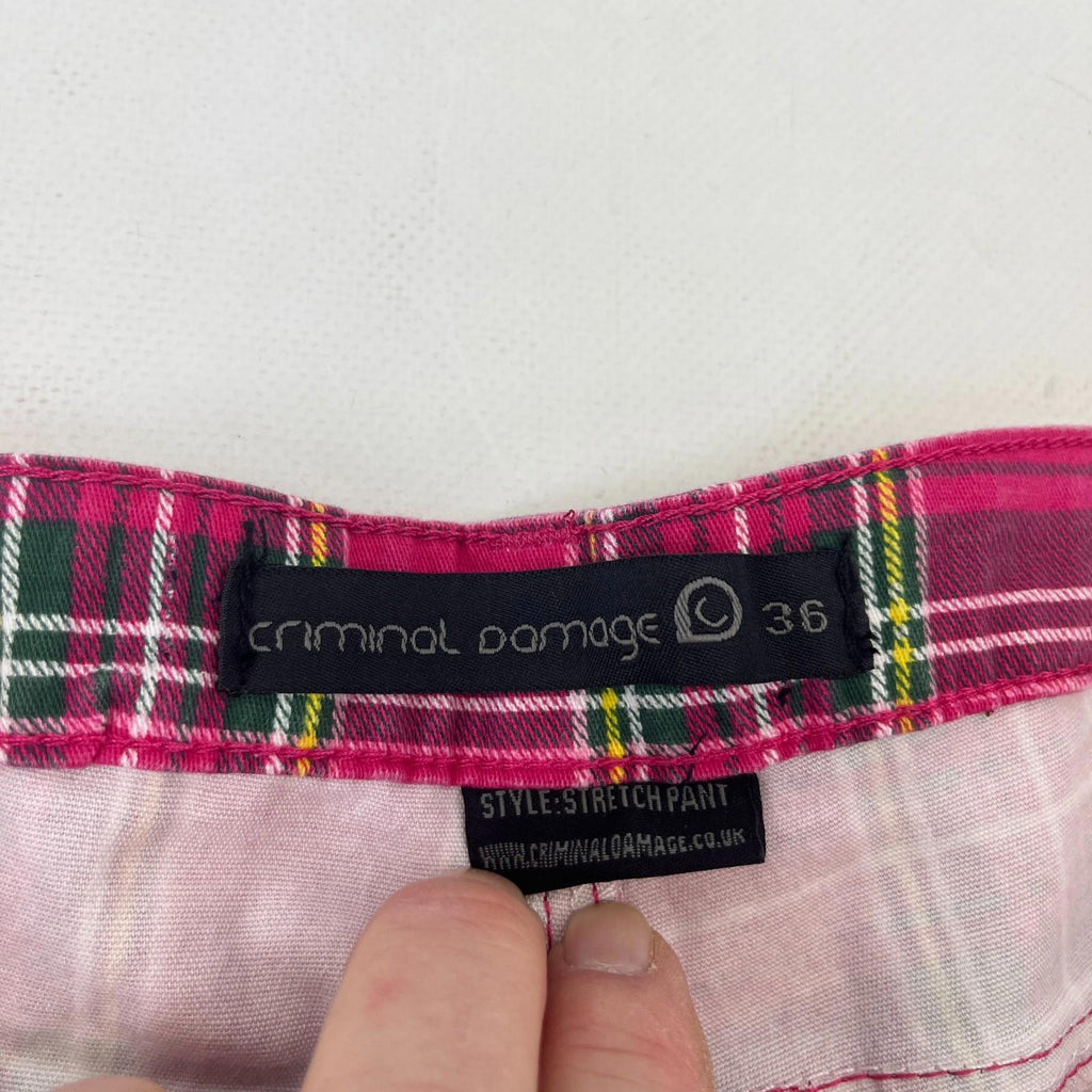 Criminal Damage Women's Pink Tartan Jeans Tapered Stretch Waist 36"
