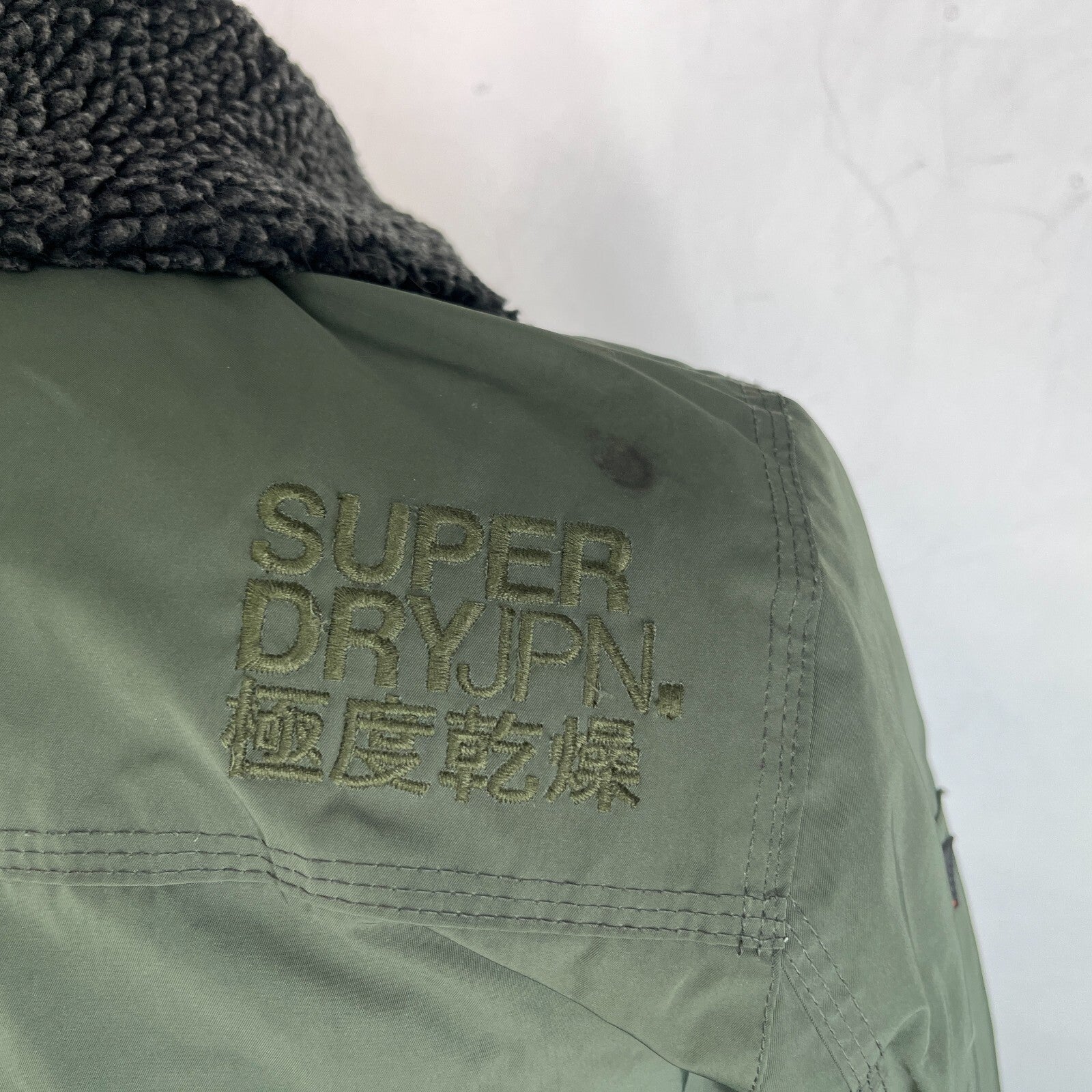 SuperDry 23rd Squadron Aviator Bomber Jacket Dark Green w/ Sherpa Collar size L