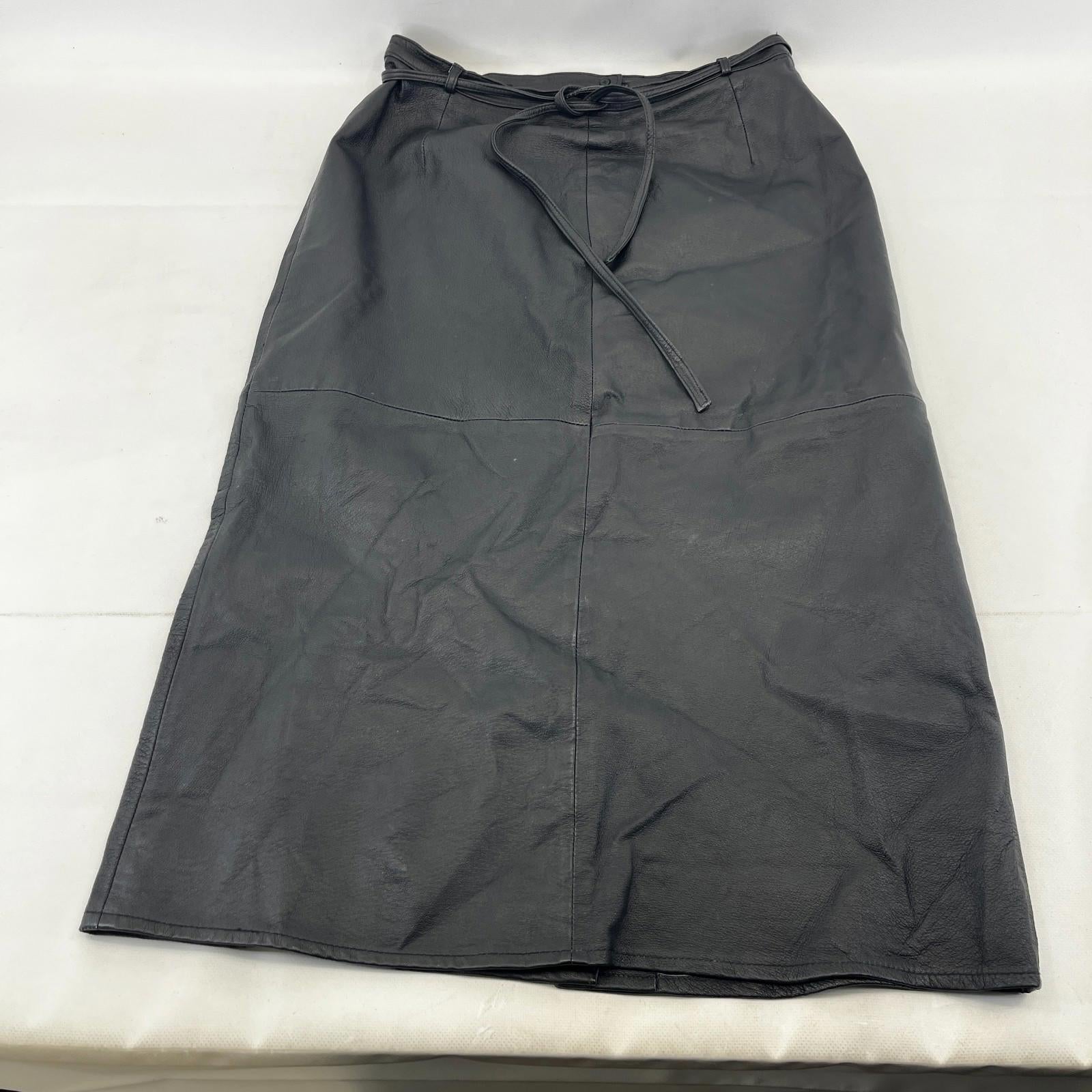 Agenda Genuine Leather Midi Skirt in Black Women's size 14 with Tie Belt