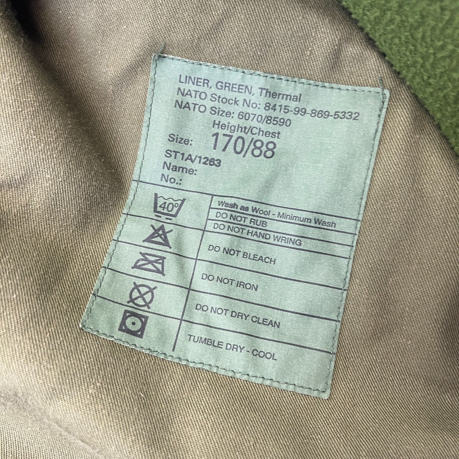 British Military Issue Green Thermal Fleece Cold Weather Liner Jacket 170/88