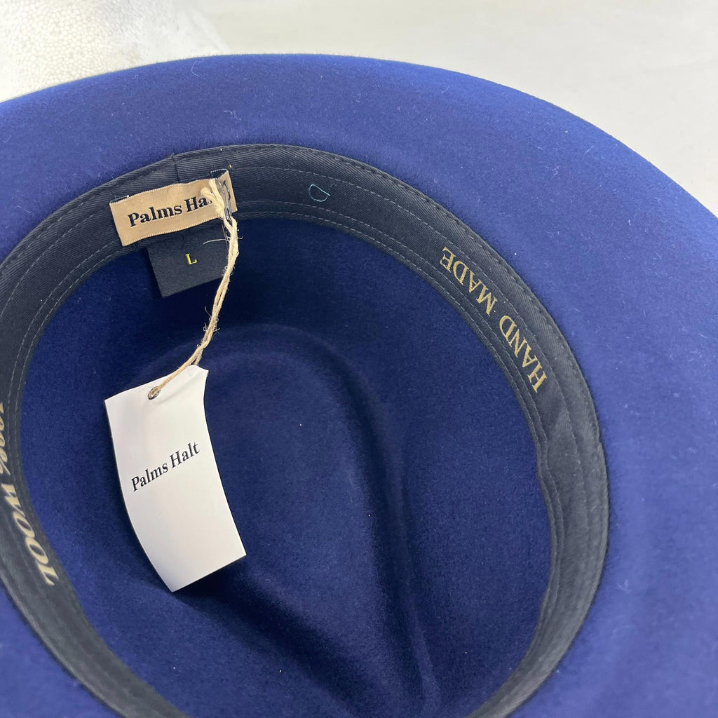 Palms Halt 100% Wool Handmade Textured Fedora Hat in Navy Blue size L 59