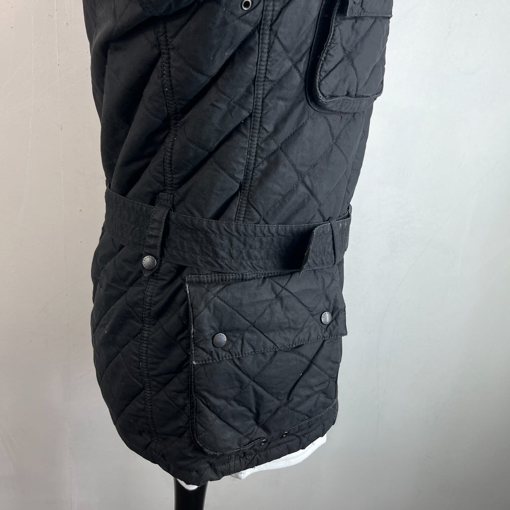 Barbour International Quilted Waxed Cotton Jacket Black with Belt Band Collar S