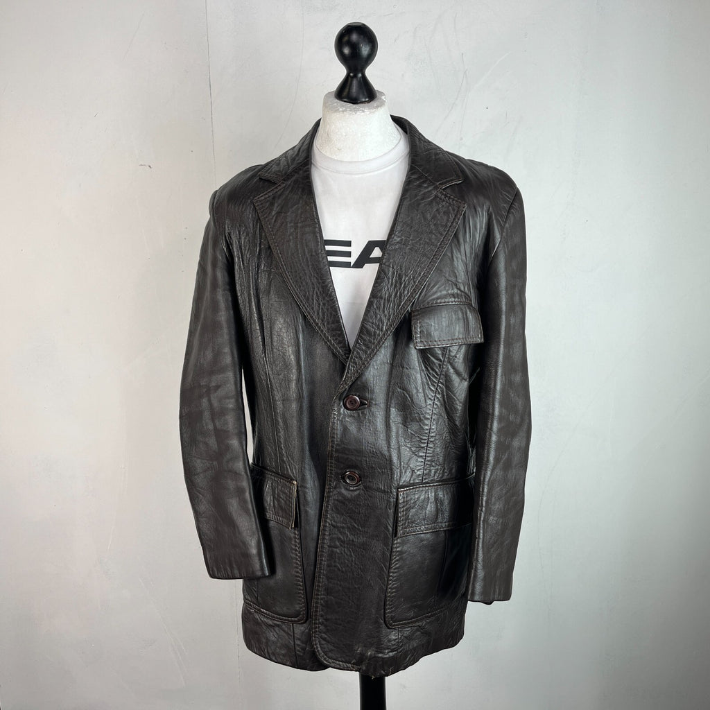 Vintage Made in London Dark Brown Leather Jacket Mid Length Retro size Medium