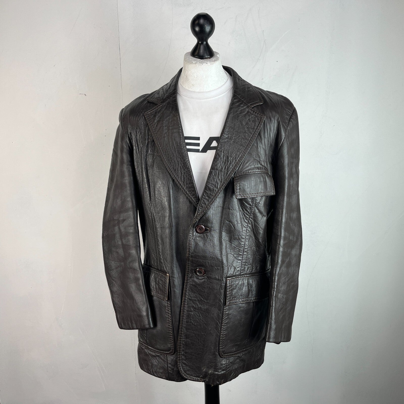 Vintage Made in London Dark Brown Leather Jacket Mid Length Retro size Medium