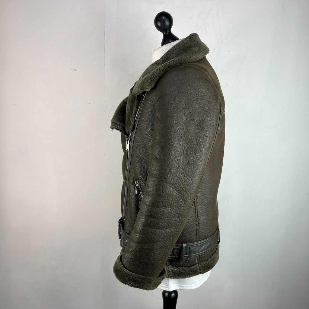 Zara Brown Faux Shearling Fur Lined Jacket Aviator Brown with Belt size Medium