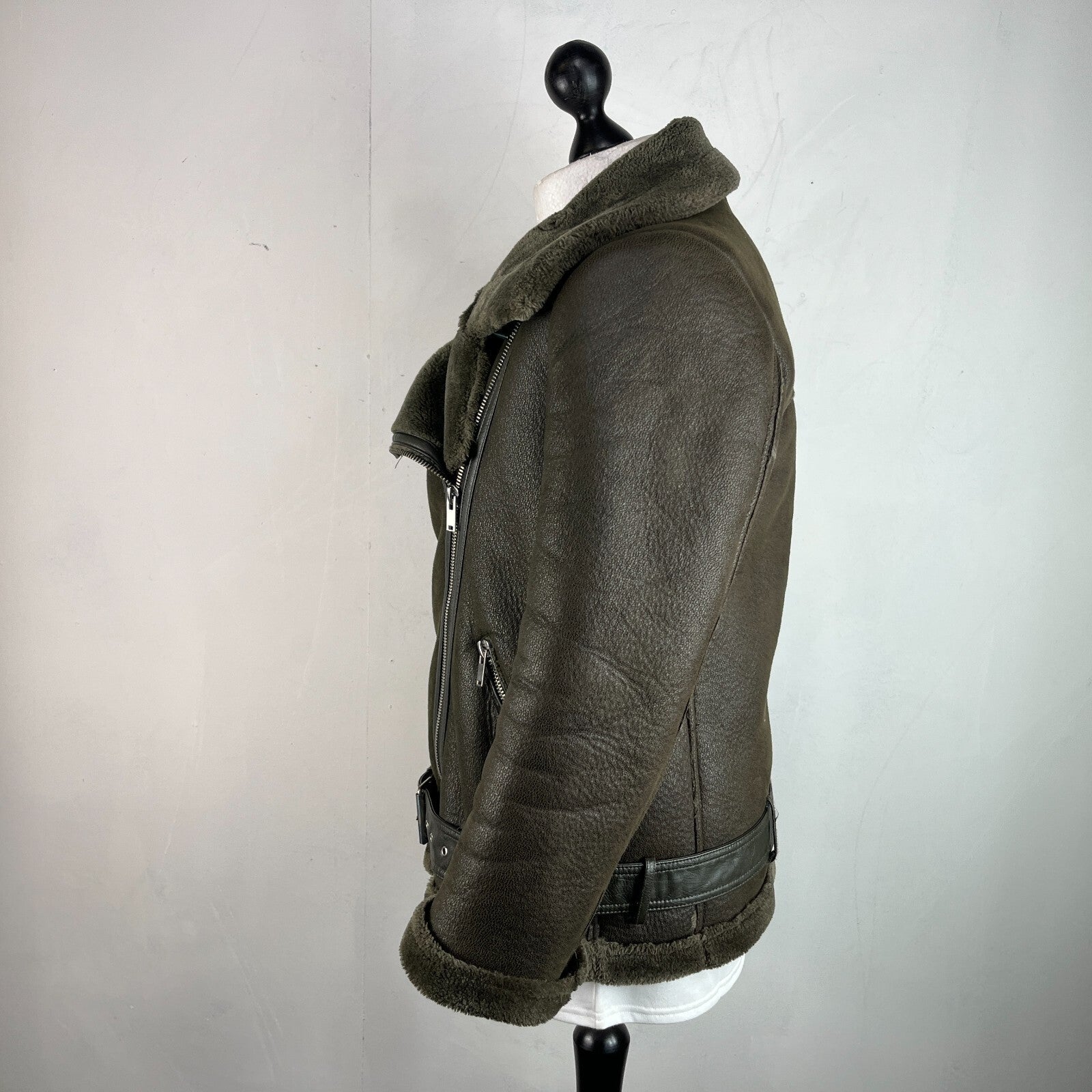 Zara Brown Faux Shearling Fur Lined Jacket Aviator Brown with Belt size Medium
