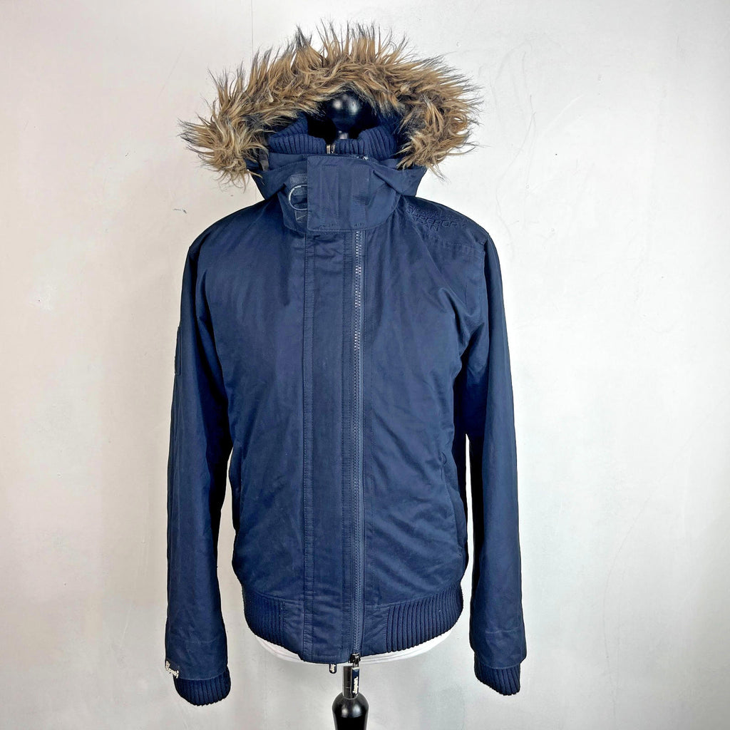 SuperDry Mens Windbomber Bomber Jacket size Large Hooded in Navy Blue Microfibre