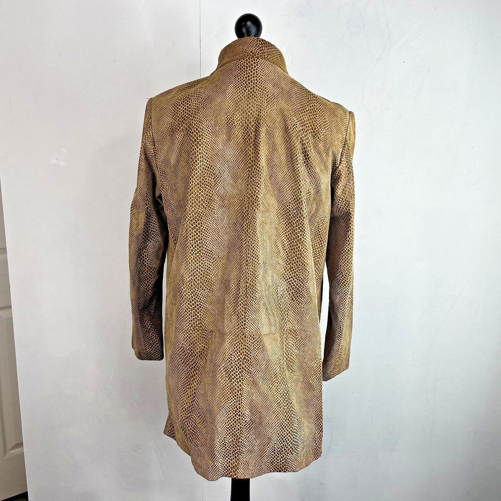 Beth Terrell Long Leather Coat Jacket Tan Brown Snake Lizard Pattern size Medium