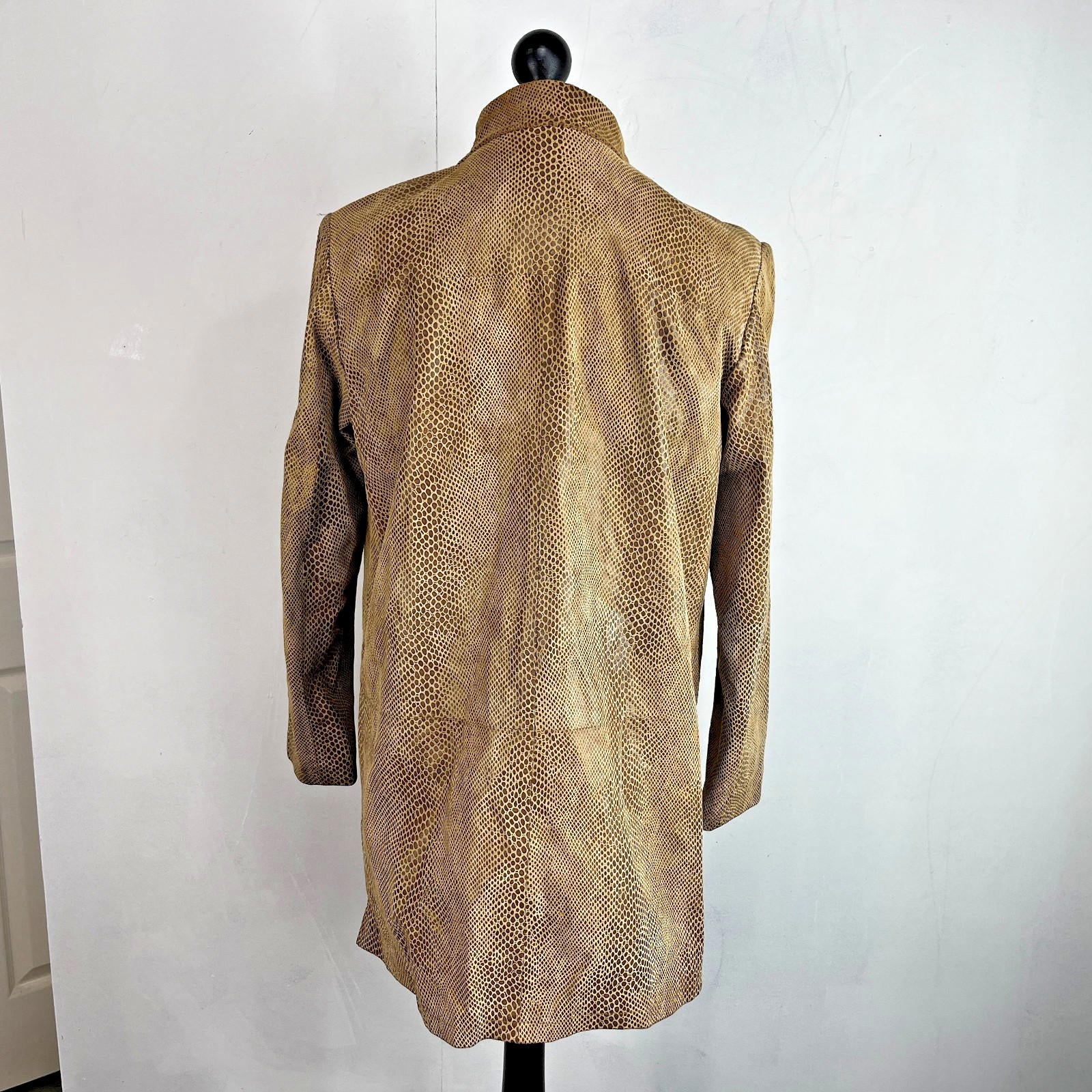 Beth Terrell Long Leather Coat Jacket Tan Brown Snake Lizard Pattern size Medium