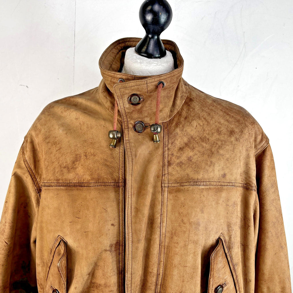 Lakeland Men’s Leather Jacket Long Distressed Look Tan Brown UK size 46
