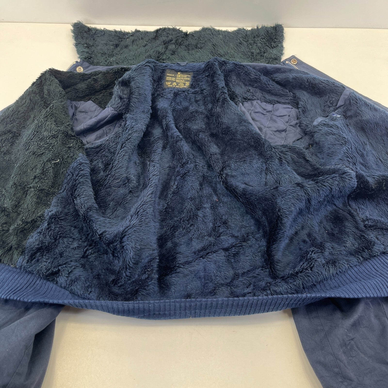 French Military Fleece Lined Bomber Jacket size M Navy Blue Workwear Canvas