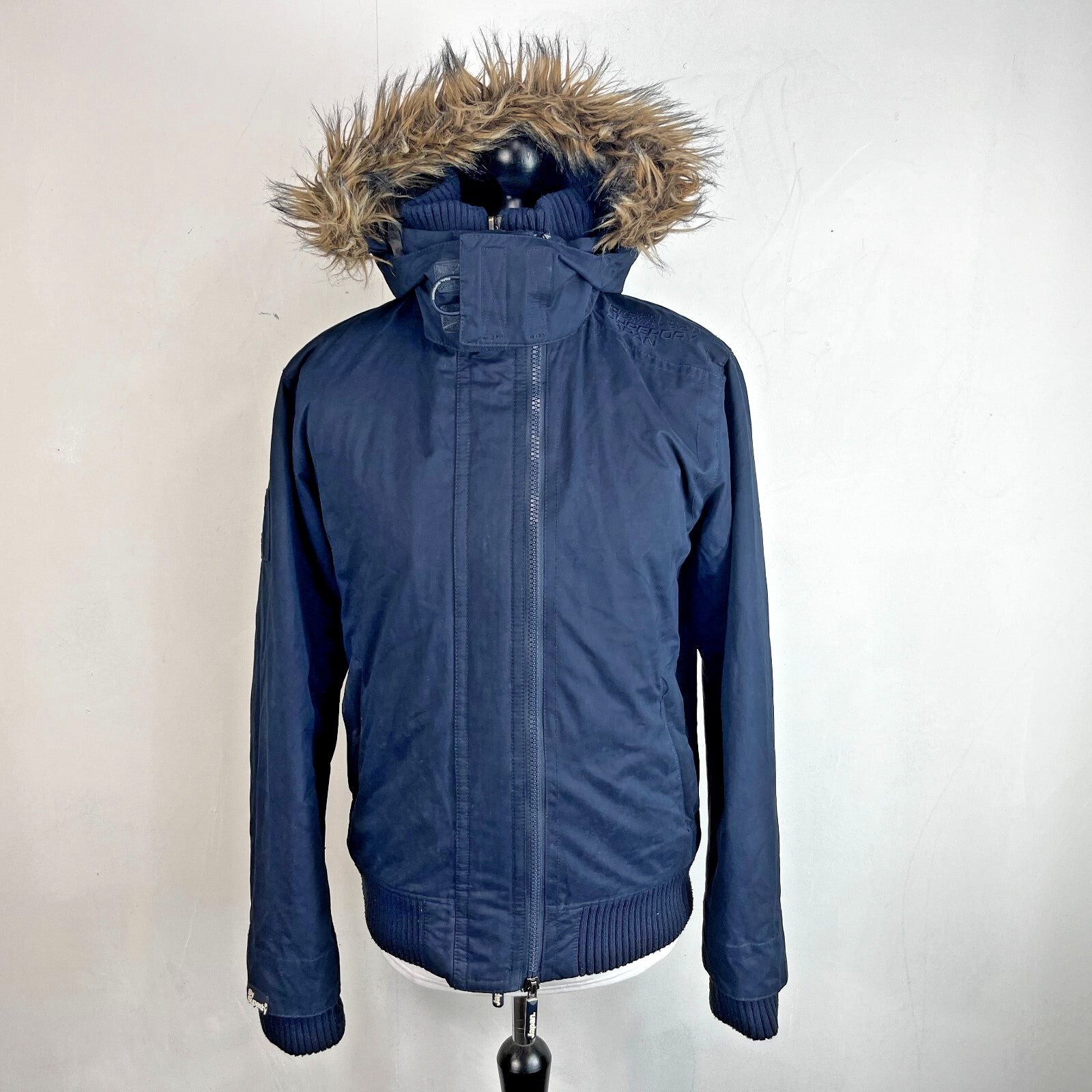 SuperDry Mens Windbomber Bomber Jacket size Large Hooded in Navy Blue Microfibre