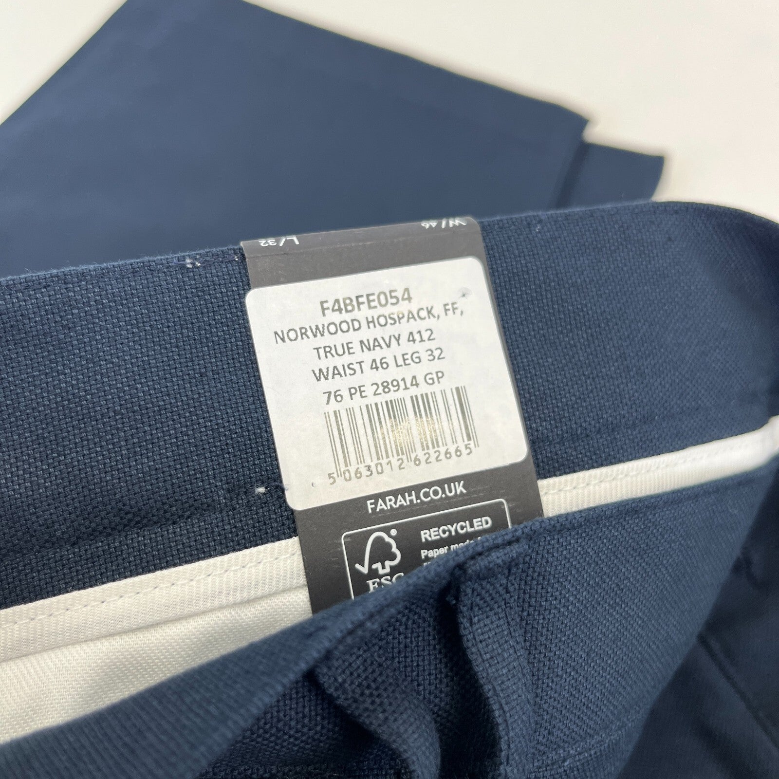 Farah Norwood Hopsack 100% Cotton Trousers Regular Fit W46" L32" True Navy Blue