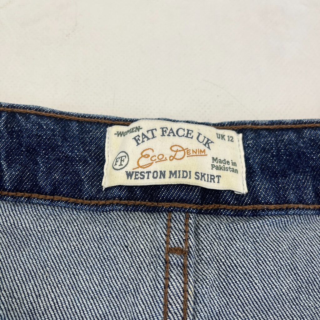 Fat Face Weston Denim Midi Skirt Cotton Festival UK 12 Dark Blue with Hem Fray