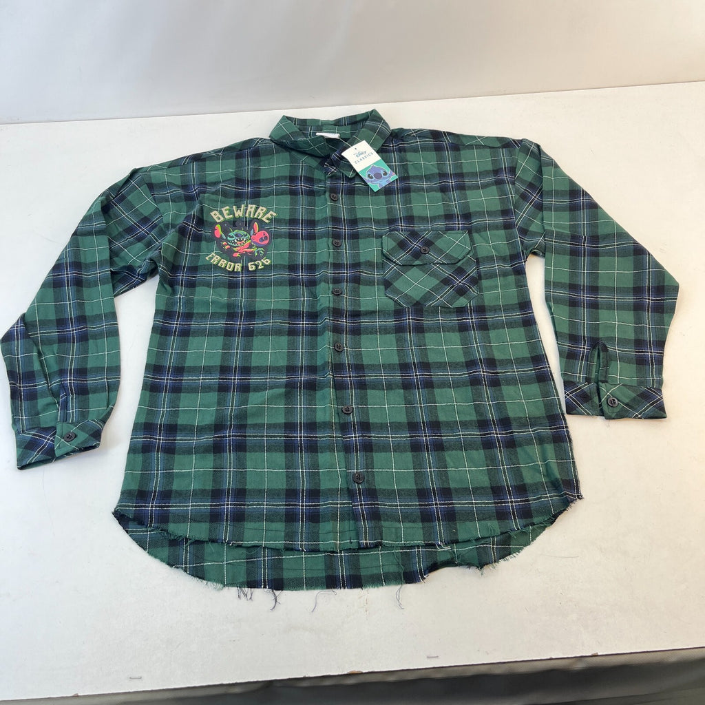 Disney Lilo & Stitch Mens "Stay Weird" Button Up Shirt Check Green Frayed Hem M